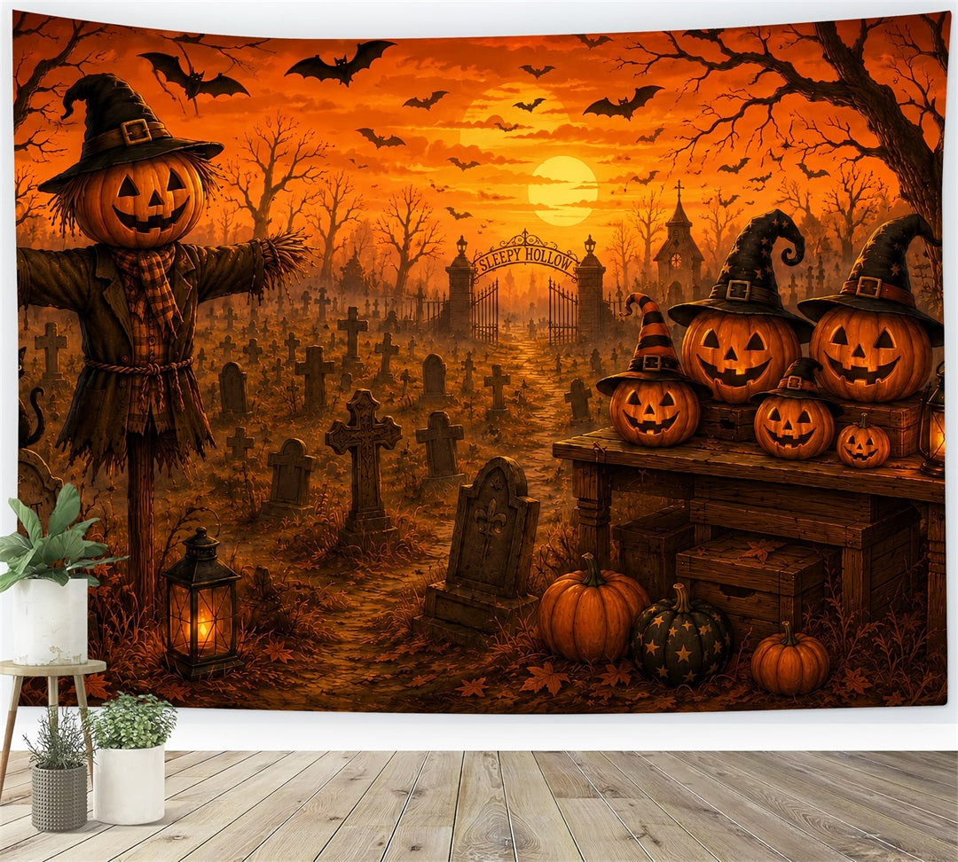 Décor De Fond En Tissu Pour Halloween Épouvantail Citrouille Cimetière Coucher De SoleilDécors LXX67-152