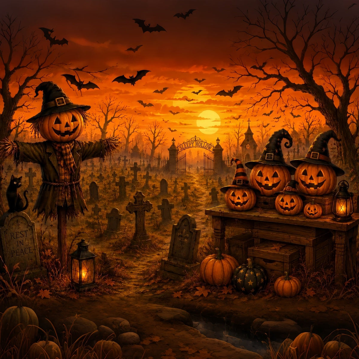 Décor De Fond En Tissu Pour Halloween Épouvantail Citrouille Cimetière Coucher De SoleilDécors LXX67-152