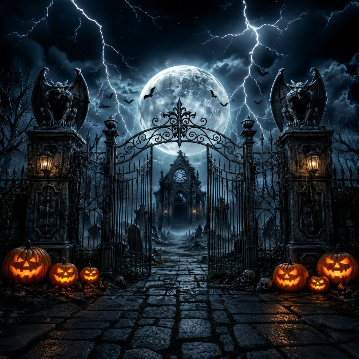 Idées De Décors Photo Pour Une Fête D'Halloween Porte De Cimetière Orageuse Avec Gargouille LXX67-154