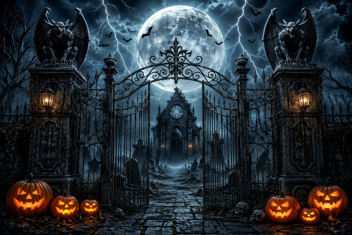 Idées De Décors Photo Pour Une Fête D'Halloween Porte De Cimetière Orageuse Avec Gargouille LXX67-154