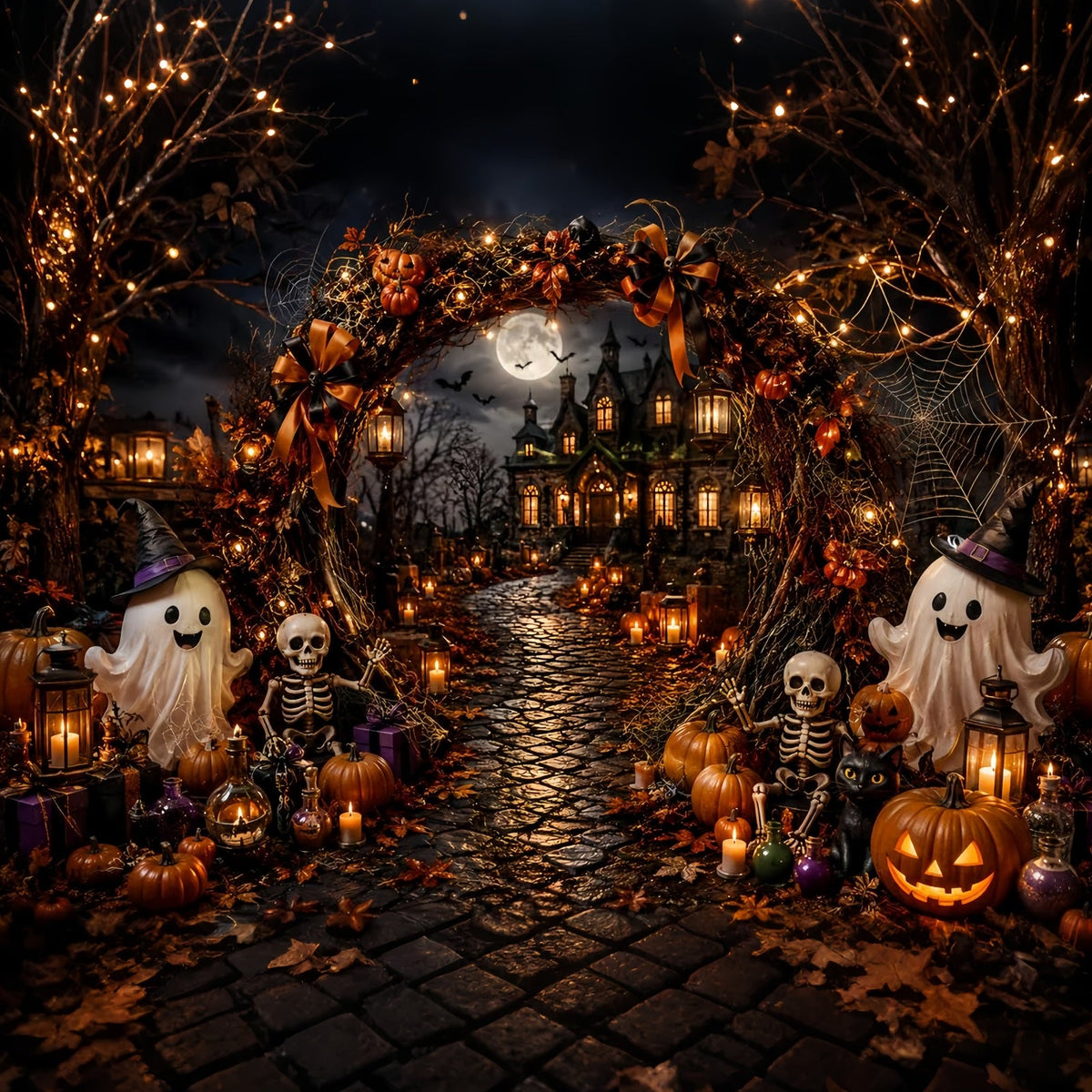 Décor D'Halloween Simple Avec Arche Hantée Fantôme Et Squelette Très Grand Format LXX67-157
