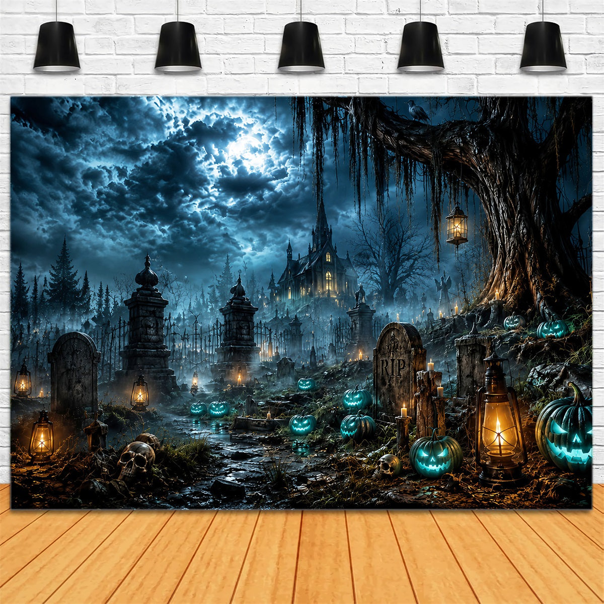 Décor De Château D'Halloween Cimetière Hanté Au Clair De Lune Citrouil les Grand Décor D'Halloween LXX67-16