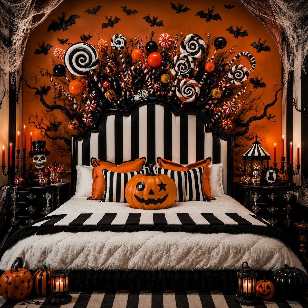 Toile De Fond Photo Pour Fête D'Halloween Citrouilles Et Bonbons Rayés Décoration De Chambre À CoucherLXX67-160