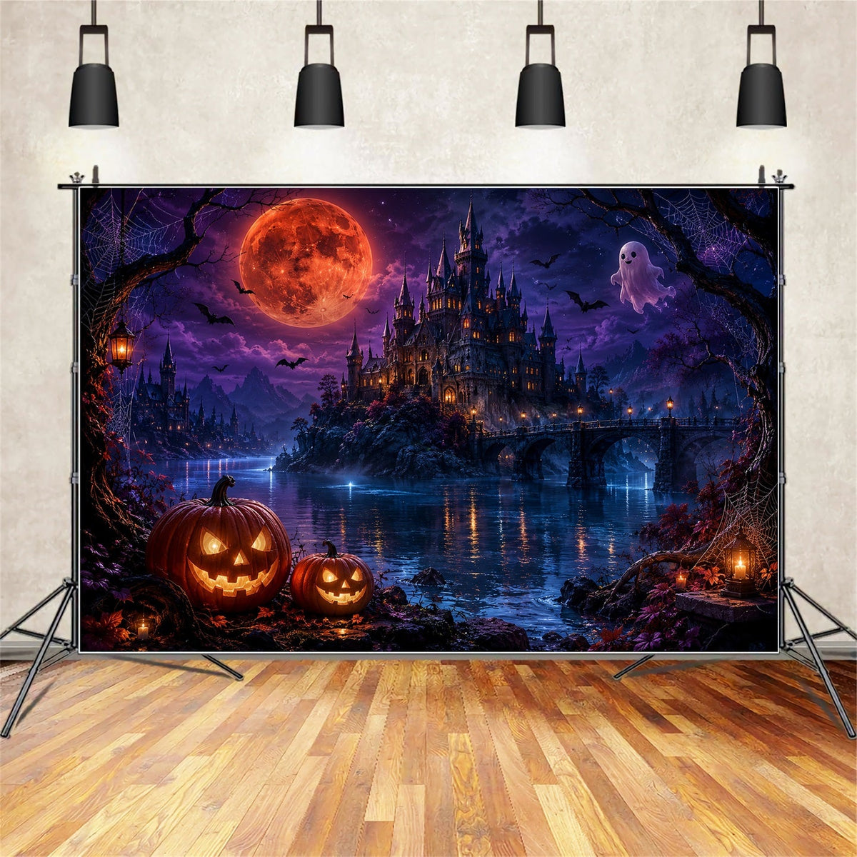Décor De Lune D'Halloween hâteau Fantôme Au Clair De Lune Décors Photo D'Halloween Au Bord Du Lac LXX67-167
