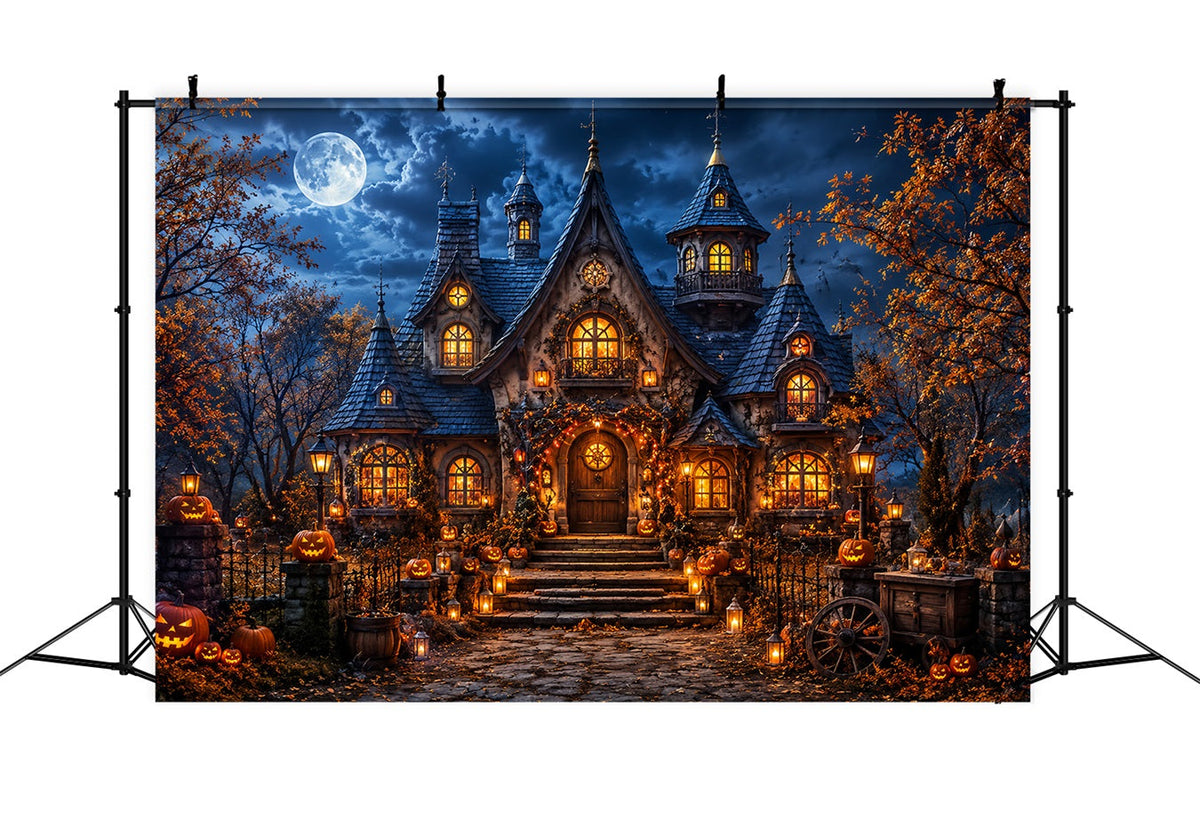 Décor D'Halloween Automnal Maisonnette Avec Citrouilles Au Clair De Lune Lanternes Décors Effrayants LXX67-17