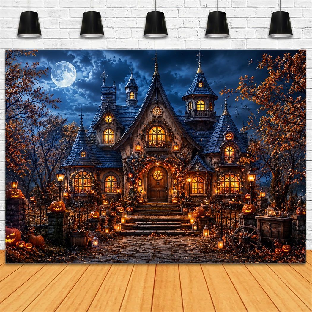 Décor D'Halloween Automnal Maisonnette Avec Citrouilles Au Clair De Lune Lanternes Décors Effrayants LXX67-17