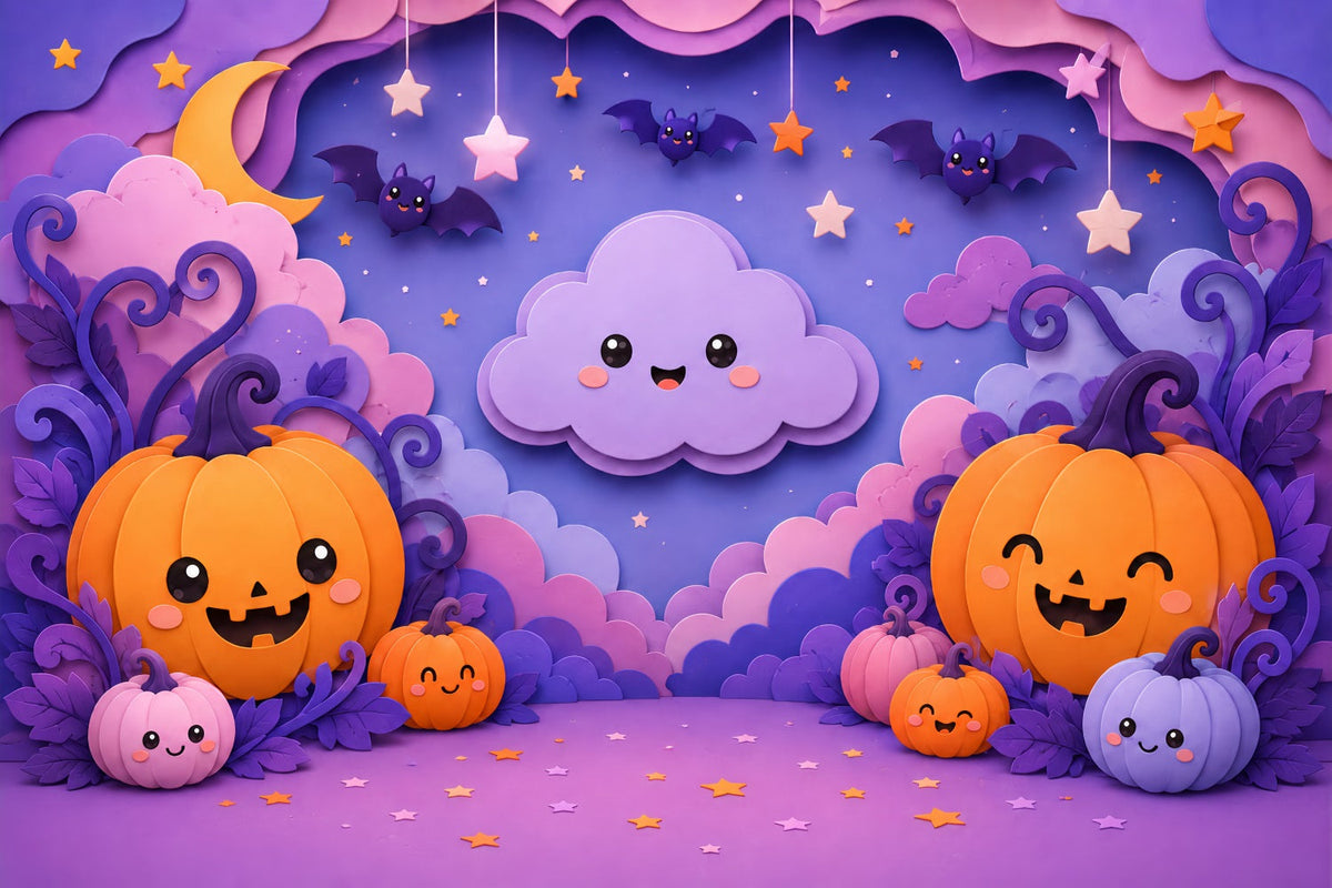 Fond Photo D'Halloween Mignon Citrouille Pastel Et Nuage Décor De Fête Halloween LXX67-172