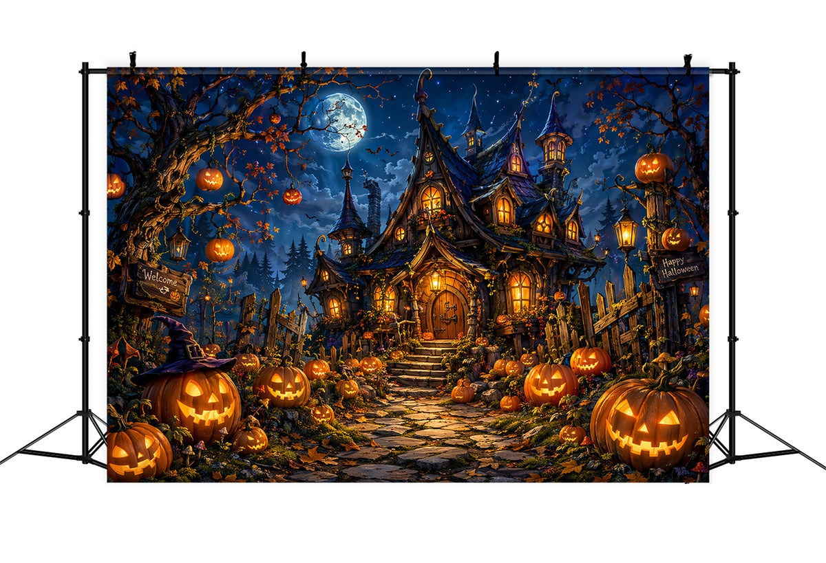 Décor De Château D'Halloween Avec Citrouille Au Clair De Lune Et Maison De SorcièreGrand Décor D'Halloween LXX67-175