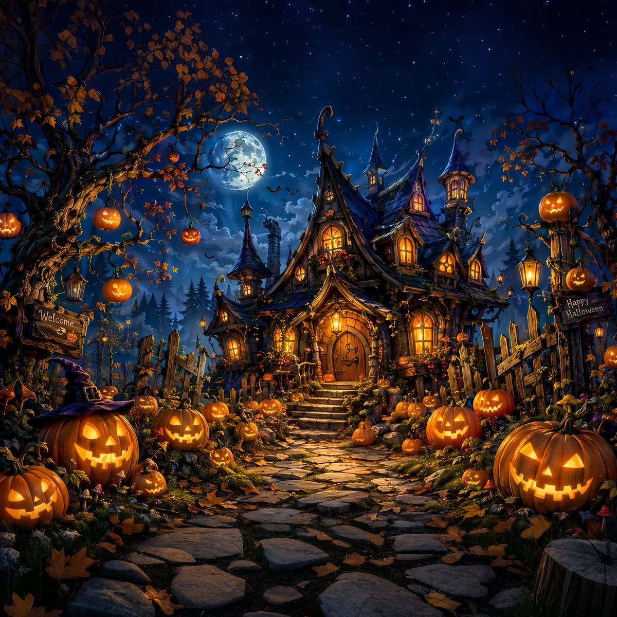 Décor De Château D'Halloween Avec Citrouille Au Clair De Lune Et Maison De SorcièreGrand Décor D'Halloween LXX67-175