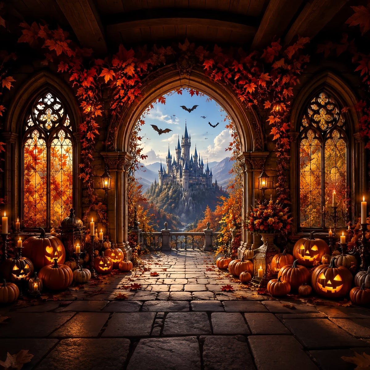 Décor D'Halloween Automnal Arche De Château Avec Citrouilles Décor Effrayant Pour Halloween LXX67-176
