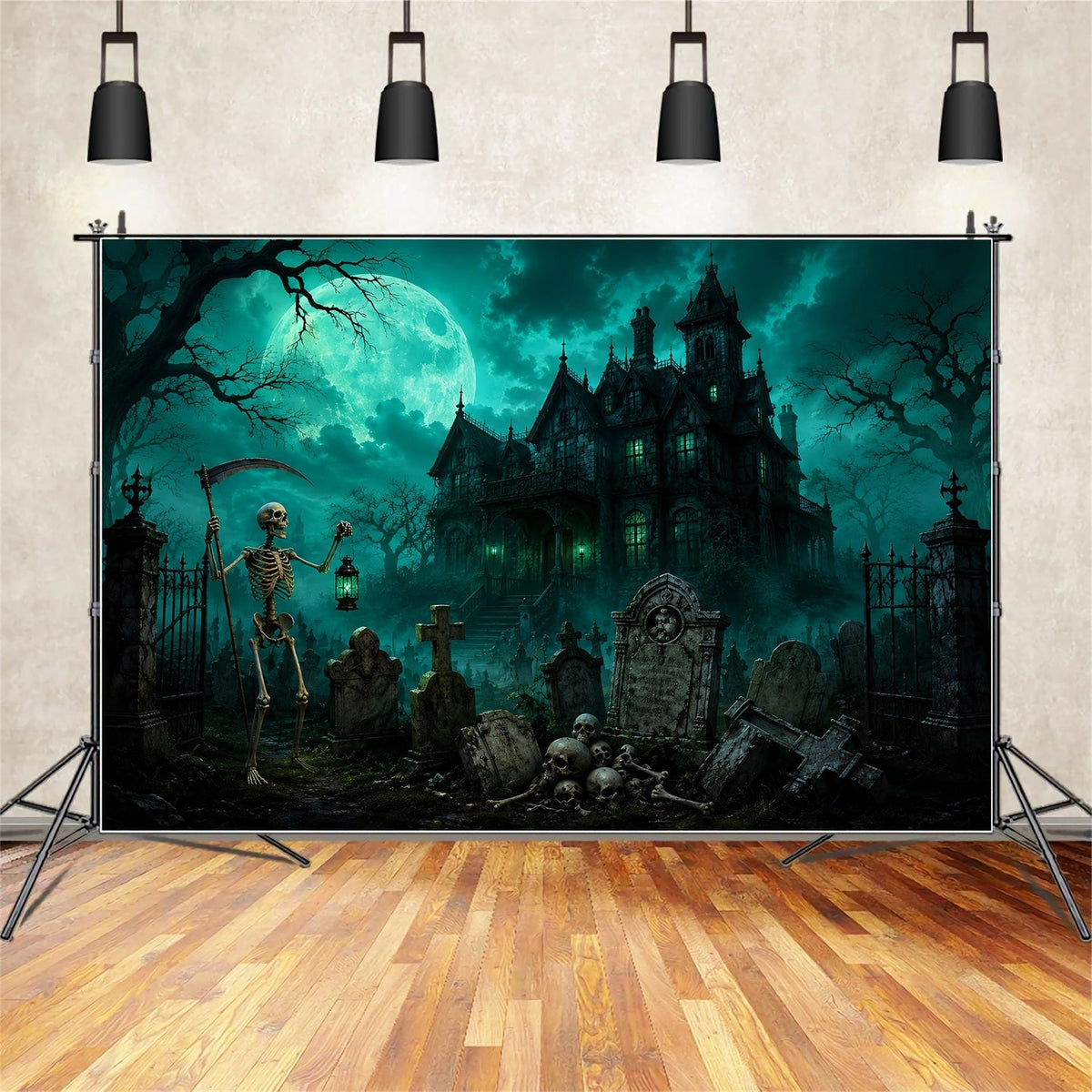 Décor De Cimetière D'Halloween Avec Squelettes Au Clair De Lune Décor De Photomaton Pour Manoir LXX67-181