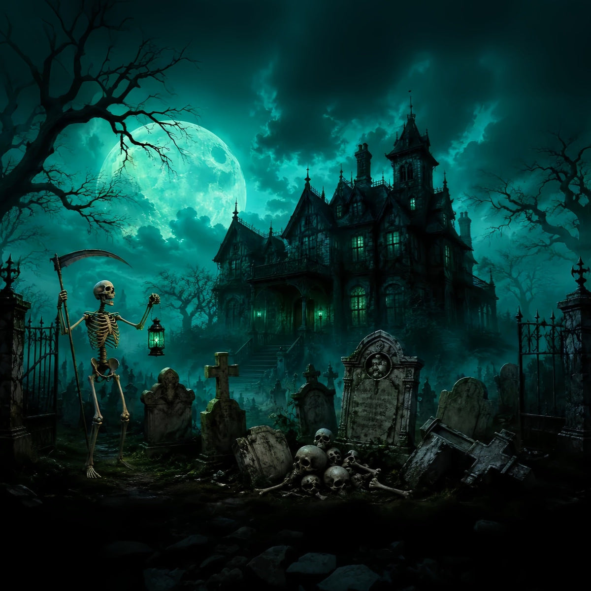Décor De Cimetière D'Halloween Avec Squelettes Au Clair De Lune Décor De Photomaton Pour Manoir LXX67-181