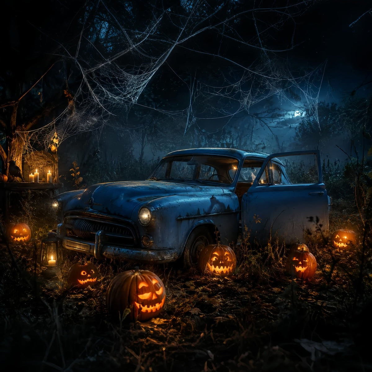 Décor De Garage D'Halloween Forêt De Citrouilles Abandonnée Décor De Voiture Pour Halloween LXX67-184