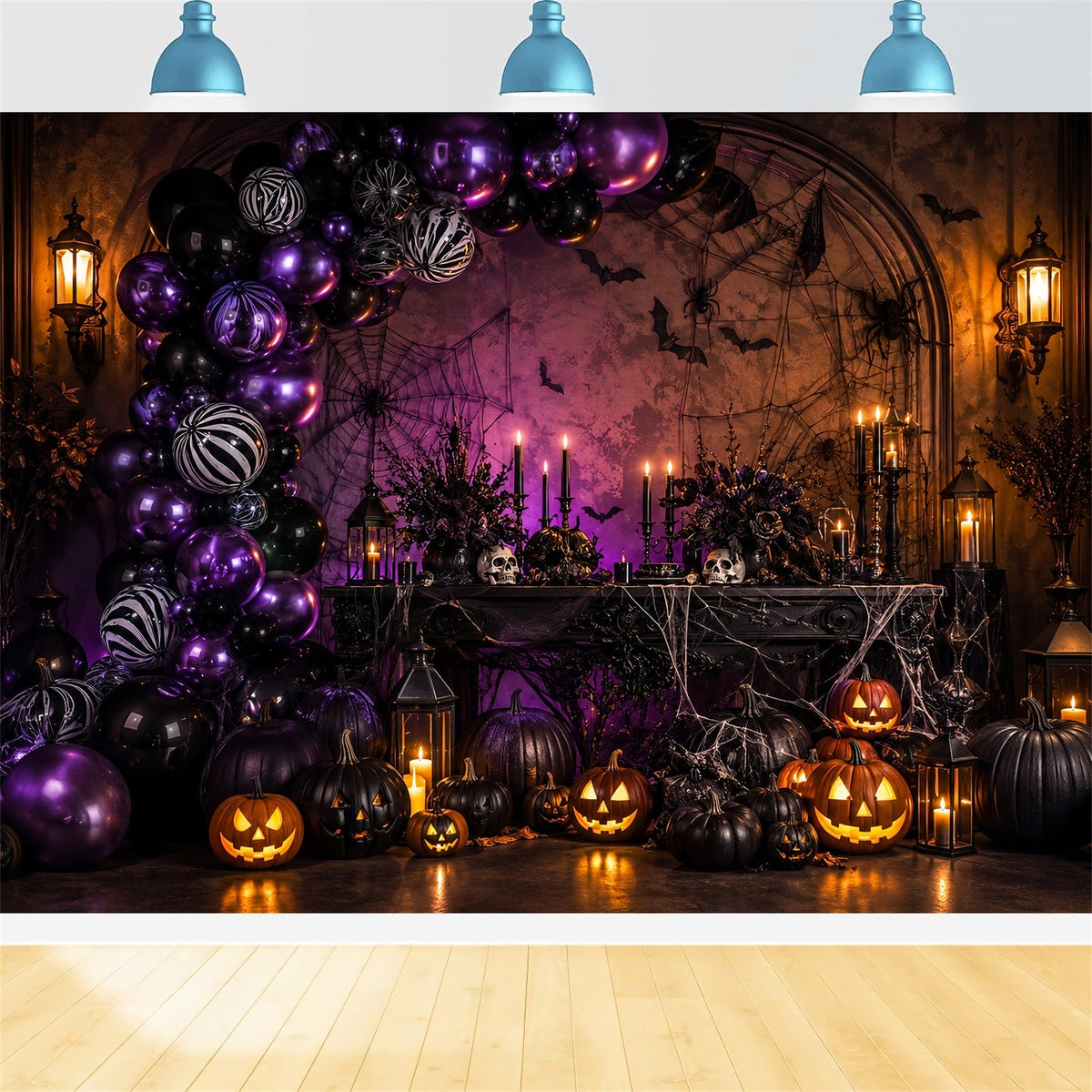 Décor De Fond D'Halloween Avec Ballons Citrouille Violette Et Toile D'Araignée Thème Halloween LXX67-189