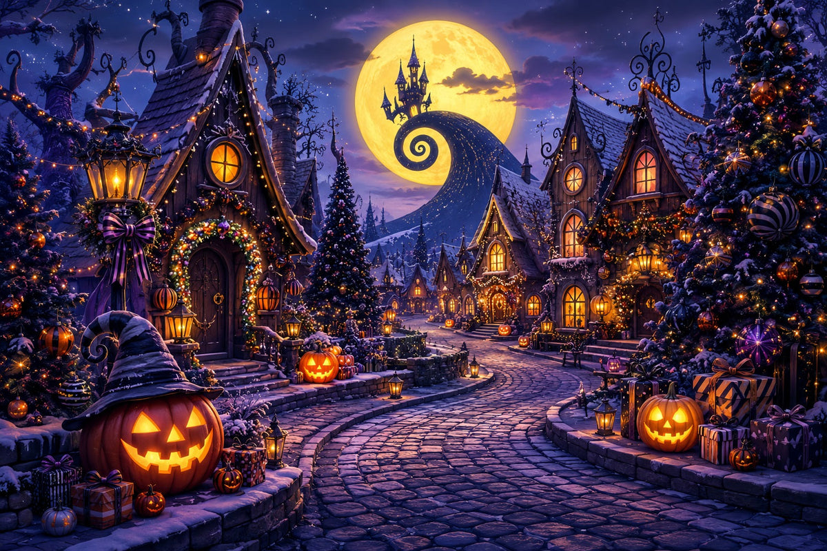 Toiles De Fond Photographiques Halloween Au Clair De Lune Citrouille Village De Vacances Décor LXX67-196