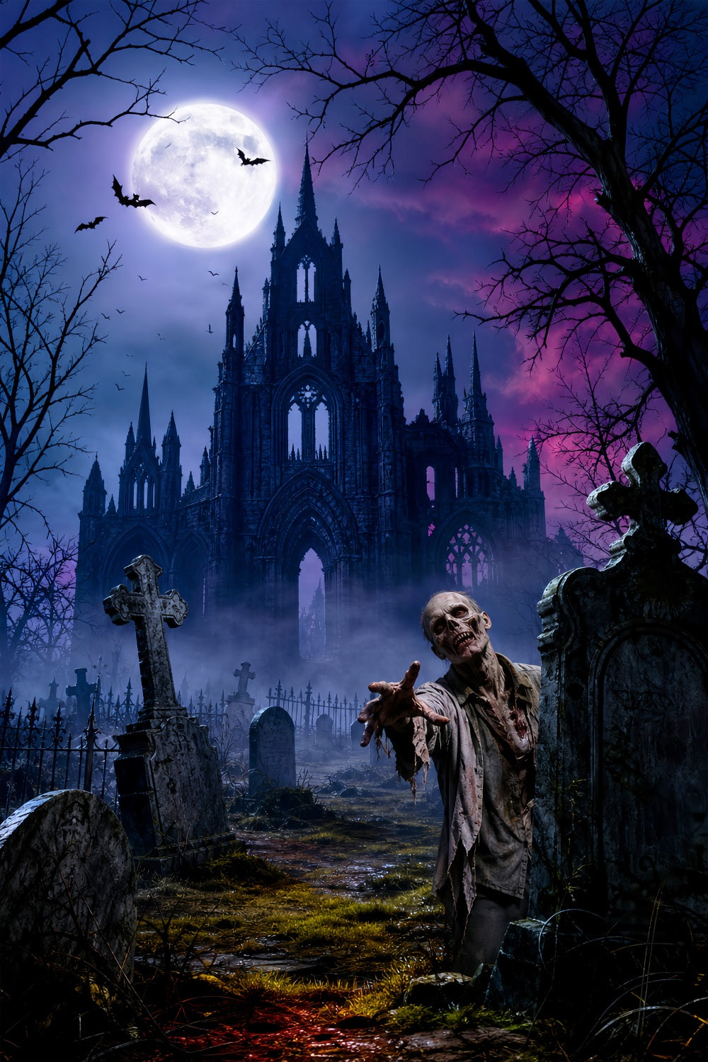 Décor De Fond Pour Fête D'HalloweenChâteau Au Clair De LuneCimetière De ZombiesHalloween LXX67-1