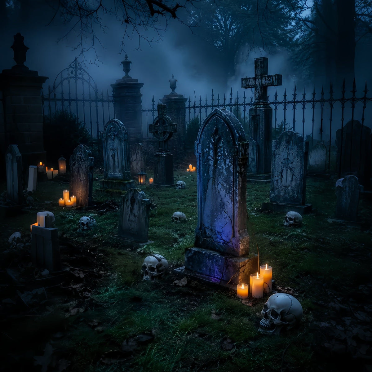 Décor De Fond En Tissu Pour HalloweenCimetière Brumeux Et Illuminé Aux Chandelles CrâneL LX67-202