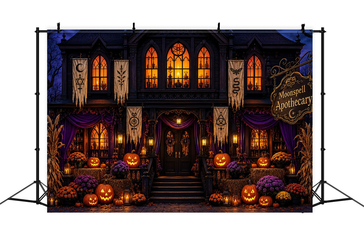 Décor De Fond D'Halloween Pour Photos açade D'Apothicaire Gothique Avec CitrouilleDécor De Fond LXX67-209