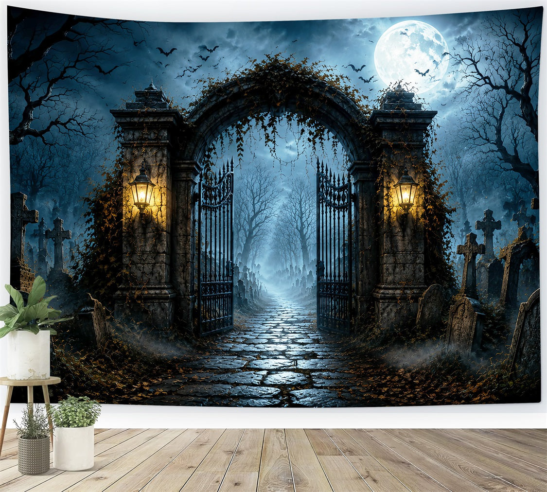 Décor De Photomaton Halloween Cimetière Au Clair De Lune Porte En Fer Fond Photo Pour Fête D'Halloween LXX67-21
