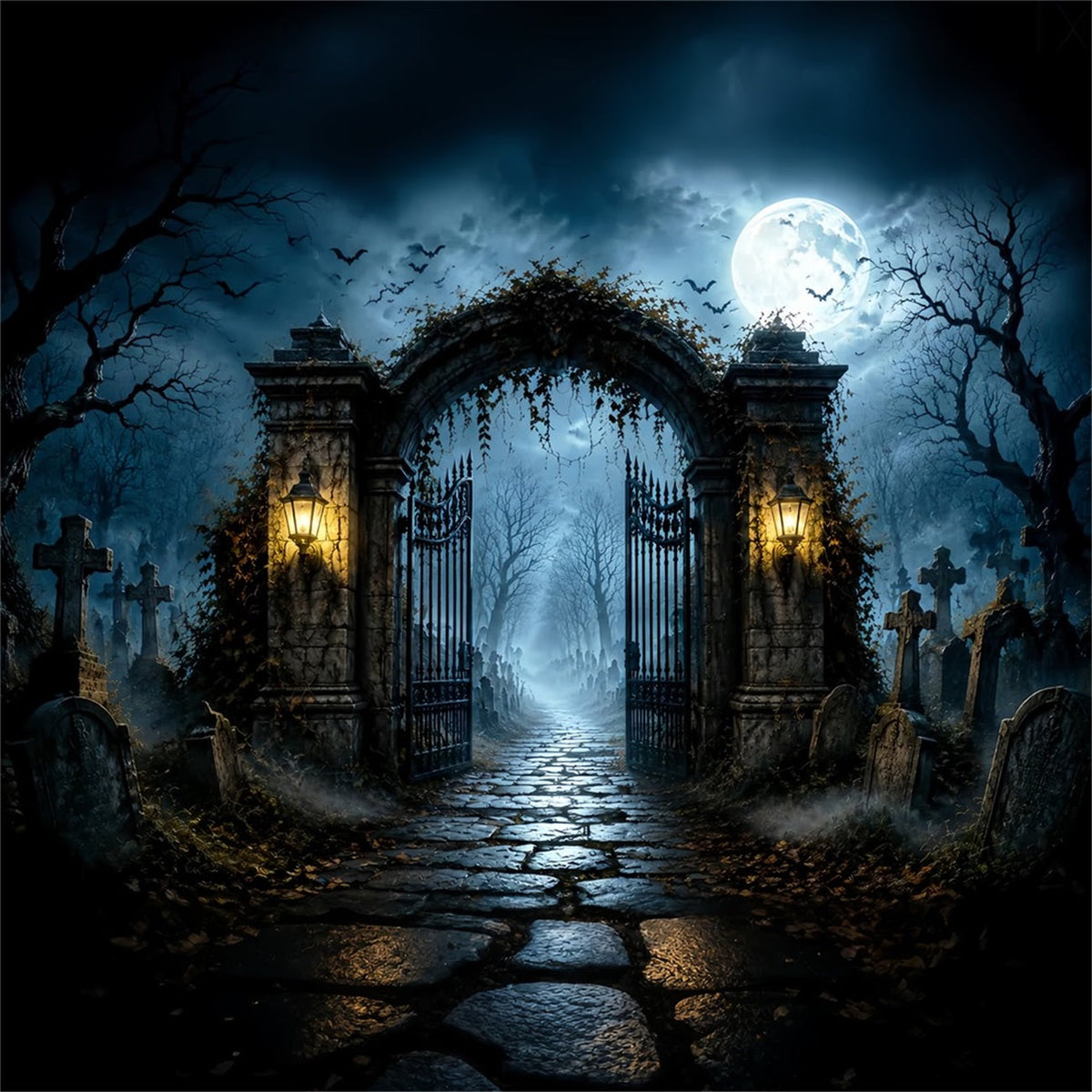 Décor De Photomaton Halloween Cimetière Au Clair De Lune Porte En Fer Fond Photo Pour Fête D'Halloween LXX67-21