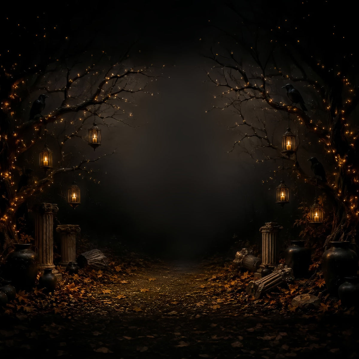 Fond Photo Gothique Fantôme Chemin Forestier Illuminé Aux Chandelles Avec Corbeau LXX67-221