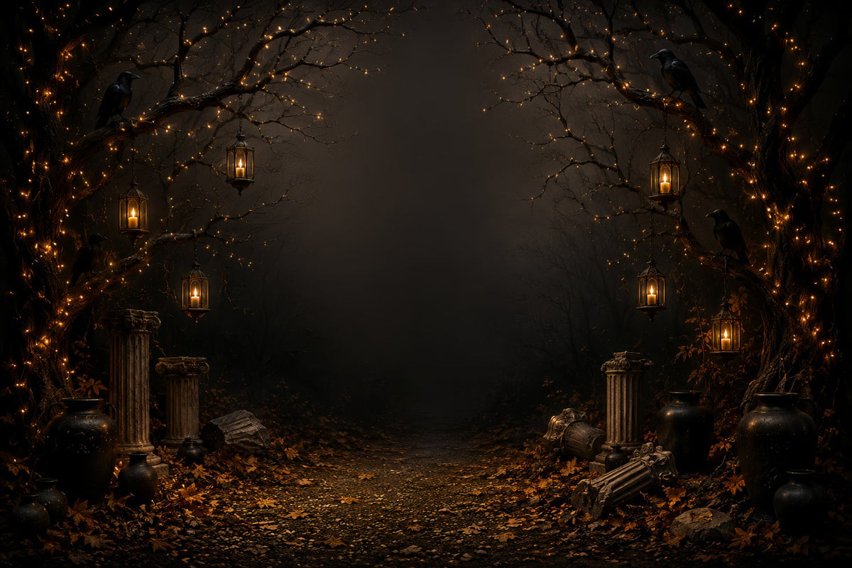 Fond Photo Gothique Fantôme Chemin Forestier Illuminé Aux Chandelles Avec Corbeau LXX67-221