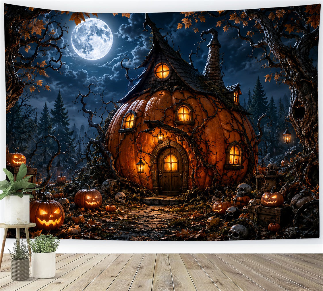 Décor De Forêt Magique Au Clair De Lune Citrouille Maison De Sorcière Toiles De Fond Pour D'Halloween LXX67-222