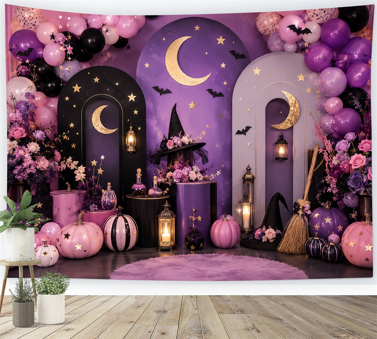 Décor Photo Champ De Citrouilles Célébration De La Lune Par Une Sorcière Céleste Décoration Pour Fête D'Halloween LXX67-226