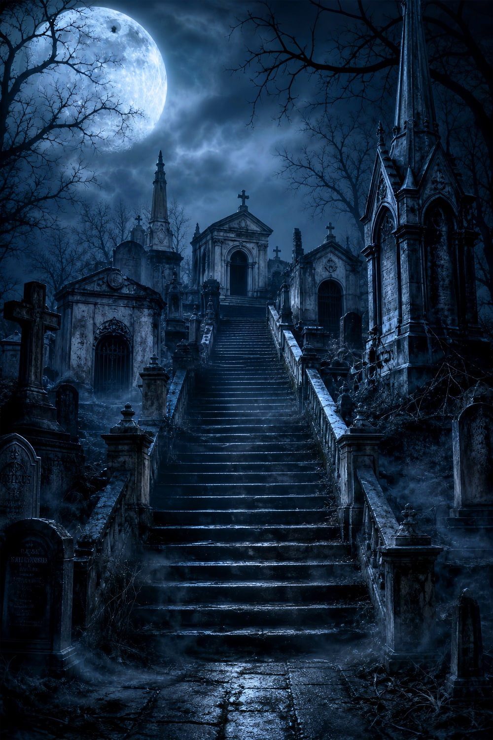 Décor De Cimetière D'Halloween Escalier De Mausolée Gothique Au Clair De Lune Décors Photographiques Gothiques LXX67-230