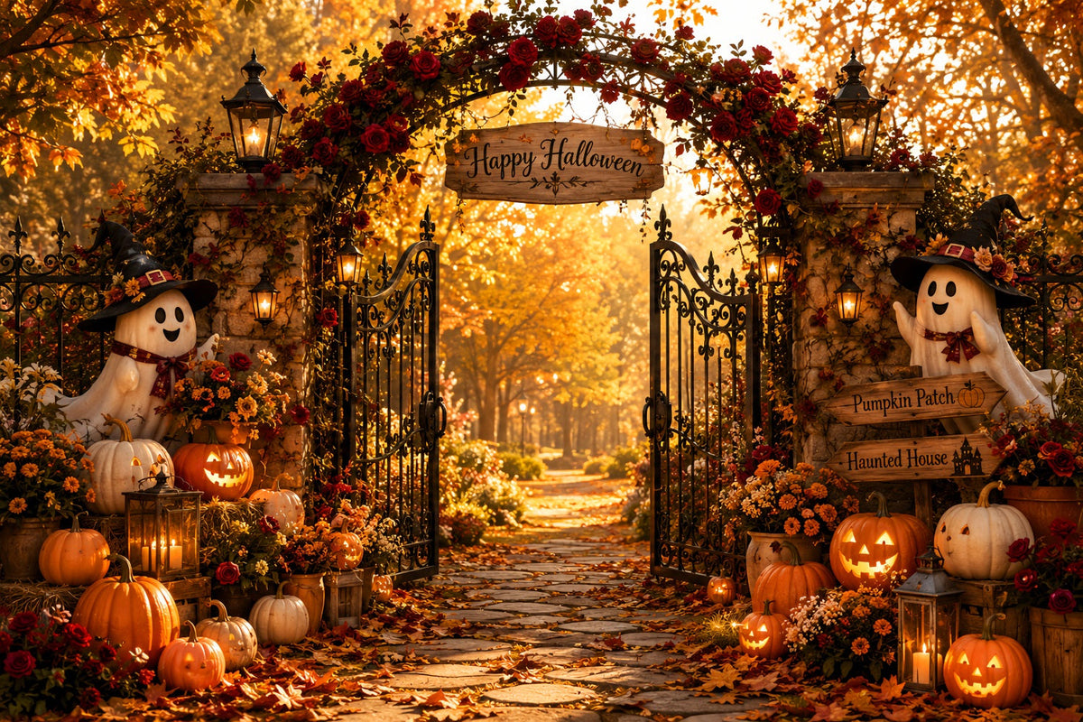 Fond Photo Citrouille Rose D'Automne Portail Fantôme Décor Effrayant LXX67-232