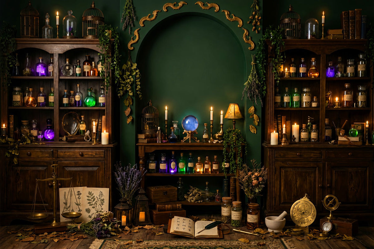 Décor De Bibliothèque Hantée Chambre D'Apothicaire De La Sorcière Émeraude Grand Décor D'Halloween LXX67-234
