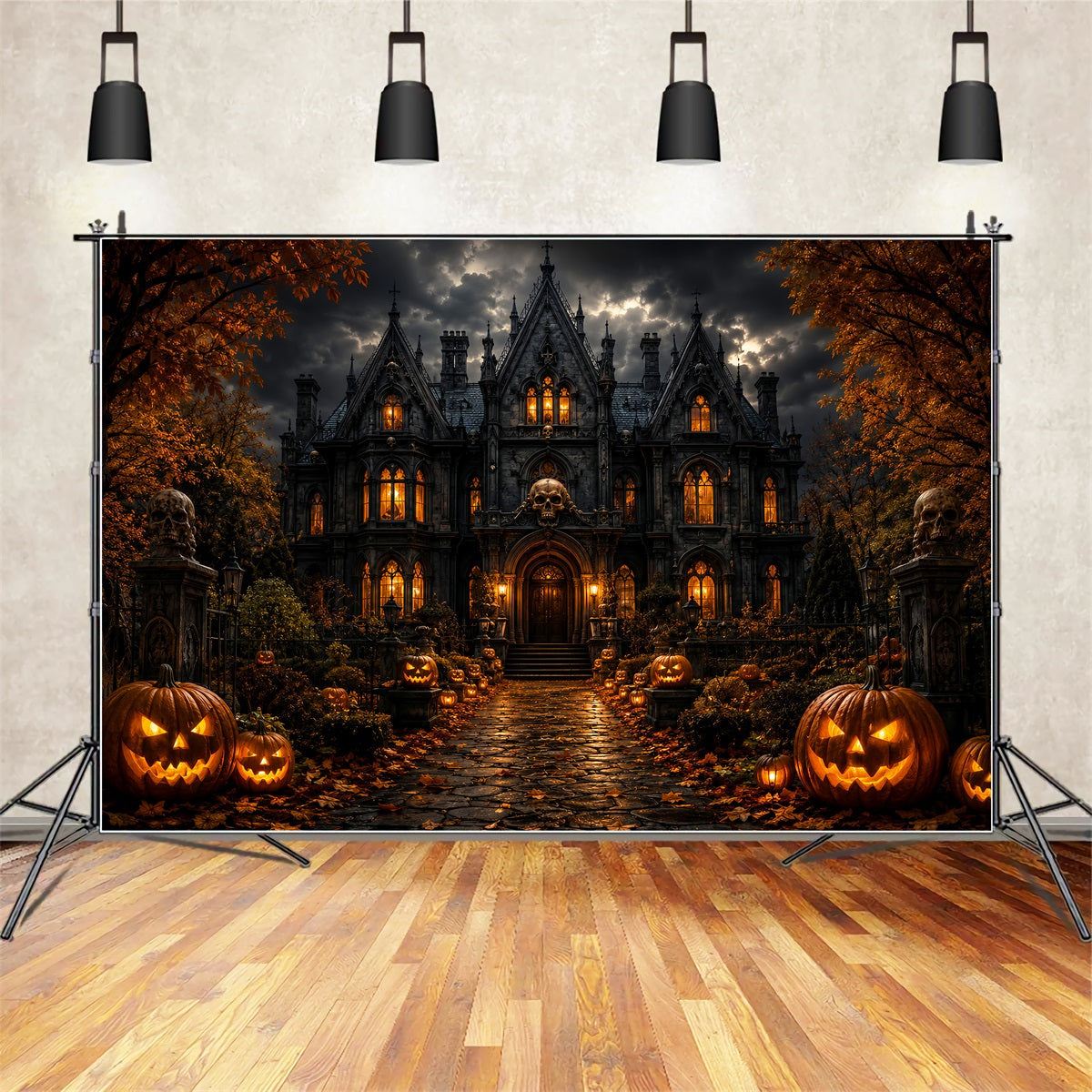 Décor Photo De Maison Hantée Entrée Du Manoir Avec Crâne Orageux Décors Effrayants LXX67-238