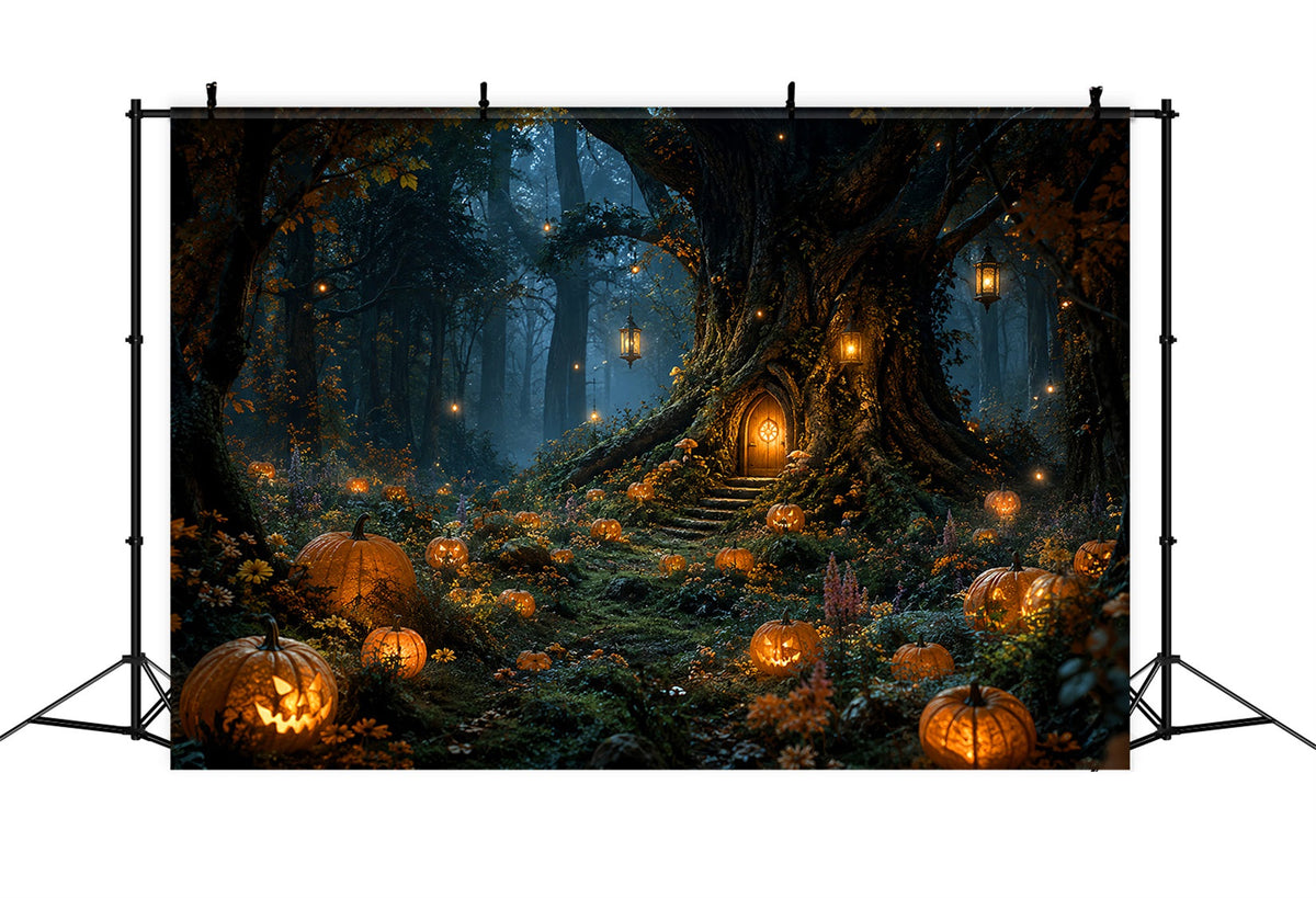 Fond De Photographie D'Halloween Forêt Effrayante Illuminée Par Des Lanternes Citrouille Arbre Chalet LXX67-239