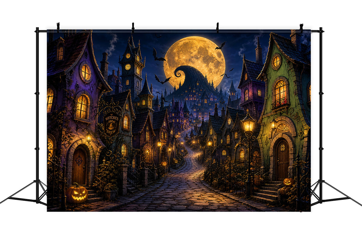 Décor Photo Halloween Town Village Des Sorcières Et Lune Dorée Halloween LXX67-243