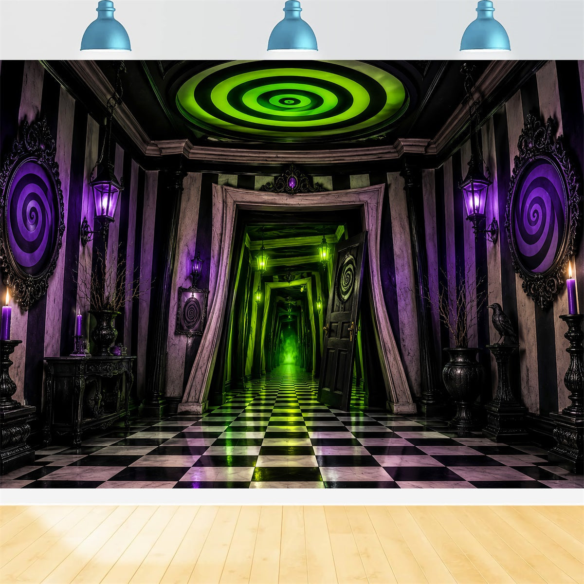 Décor De Maison Hantée Couloir À Damier En Spirale Néon Décors D'Halloween Effrayants LXX67-252