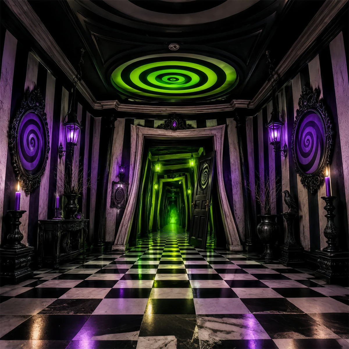 Décor De Maison Hantée Couloir À Damier En Spirale Néon Décors D'Halloween Effrayants LXX67-252