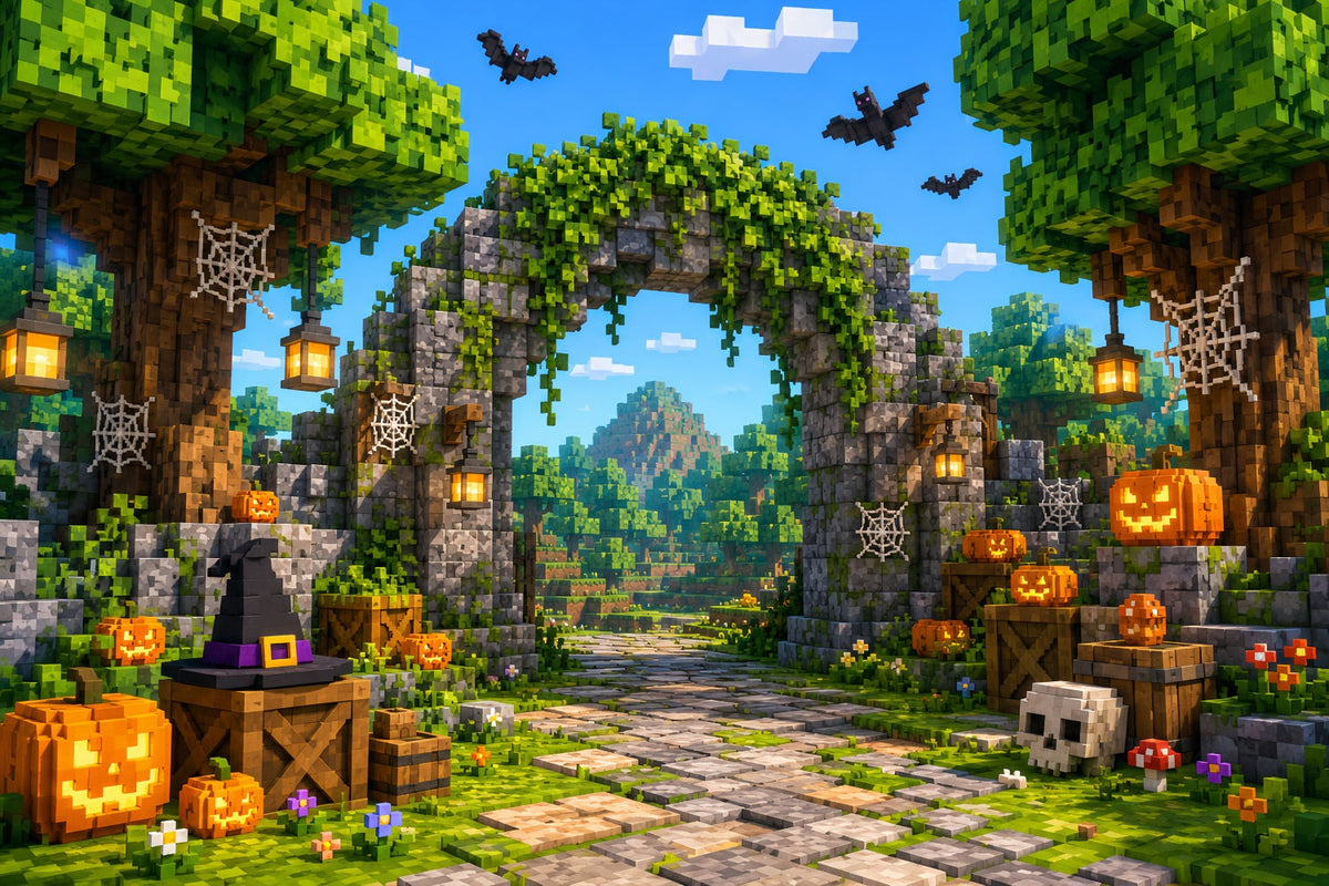 Décor De Citrouille D'Automne Ruines De Citrouilles Pixelisées Portail Pour Halloween LXX67-253
