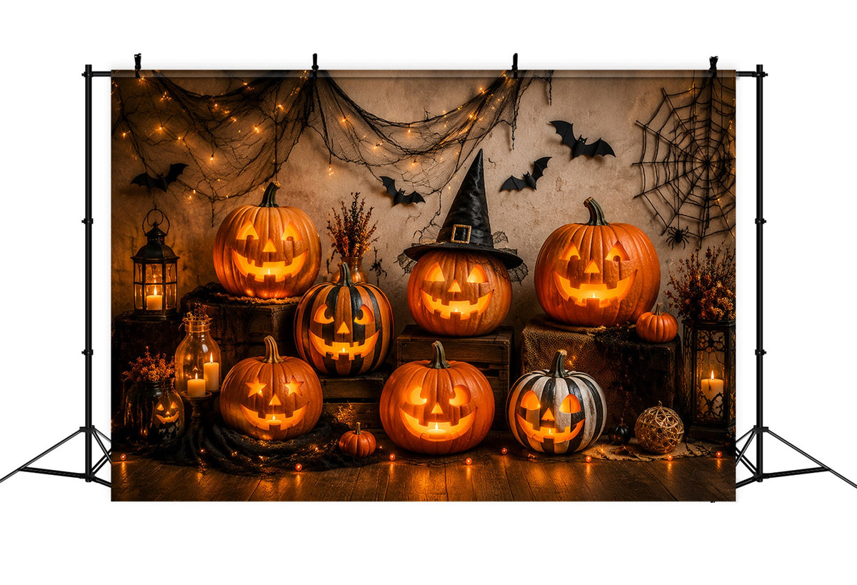 Décor De Fond D'Halloween En Tissu Avec Lanterne Citrouille Lumineuse Pour Photos LXX67-30