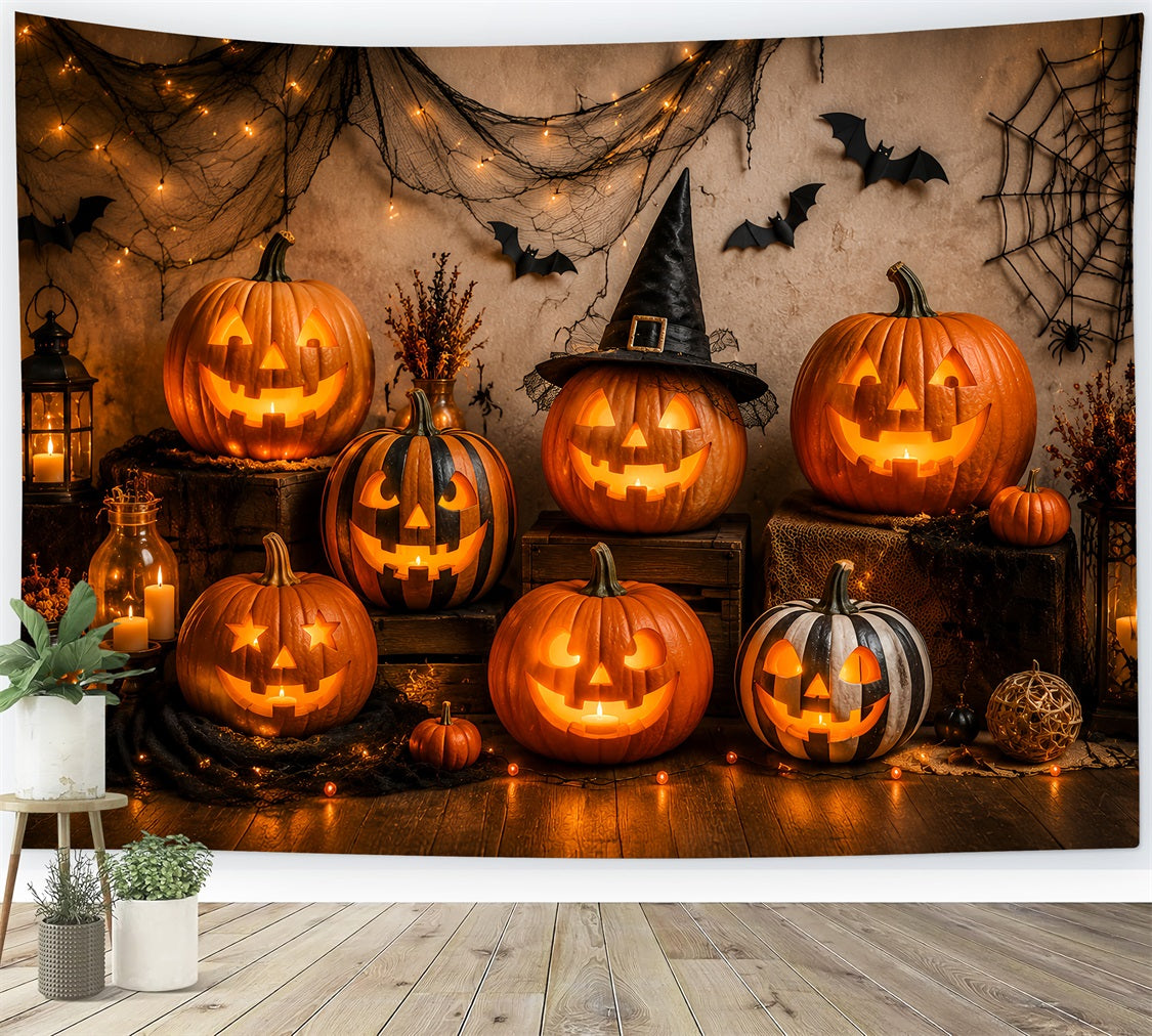 Décor De Fond D'Halloween En Tissu Avec Lanterne Citrouille Lumineuse Pour Photos LXX67-30