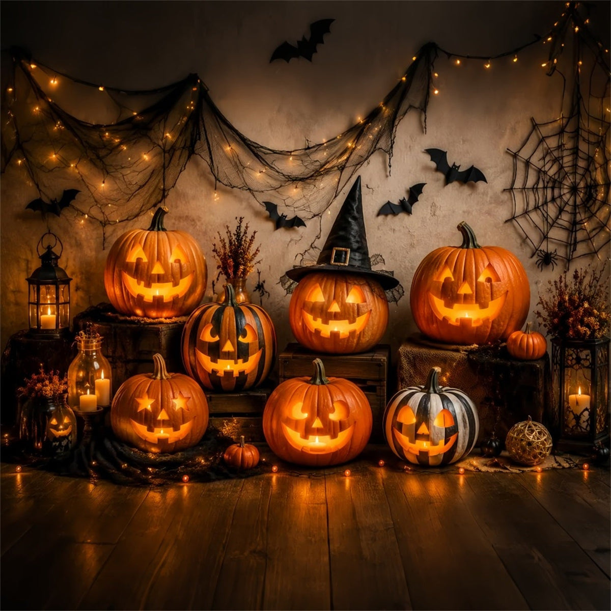 Décor De Fond D'Halloween En Tissu Avec Lanterne Citrouille Lumineuse Pour Photos LXX67-30