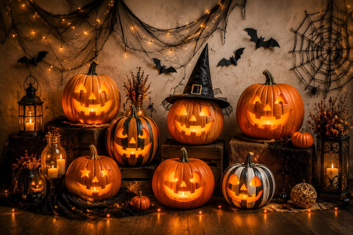 Décor De Fond D'Halloween En Tissu Avec Lanterne Citrouille Lumineuse Pour Photos LXX67-30