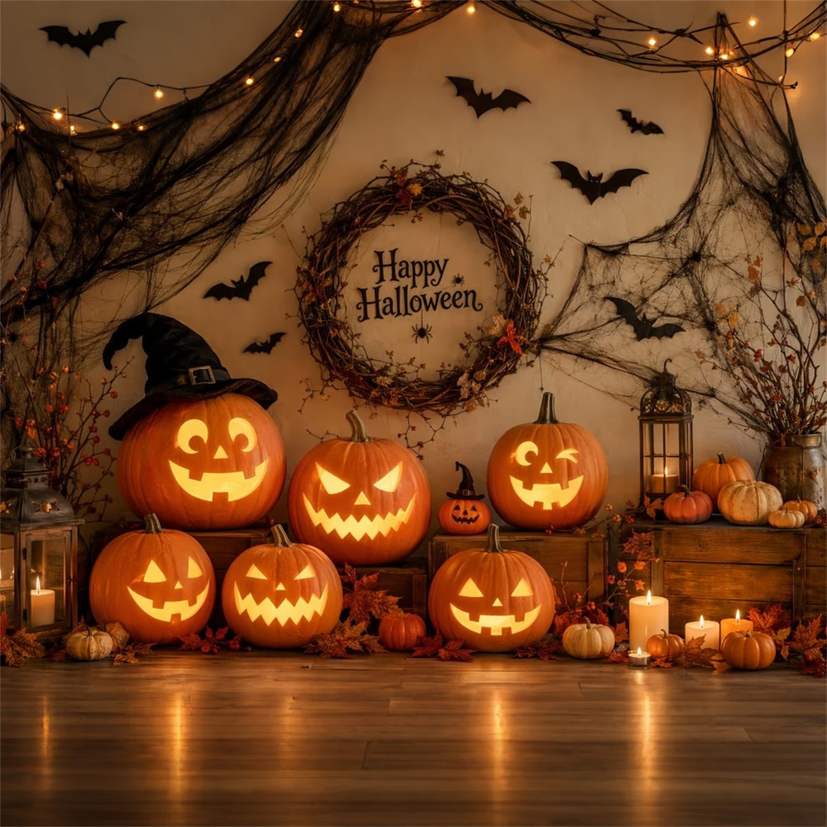Décor De Fond Rustique En Tissu Pour Halloween Couronne De Citrouil les Idéal Pour Les Photos LXX67-31