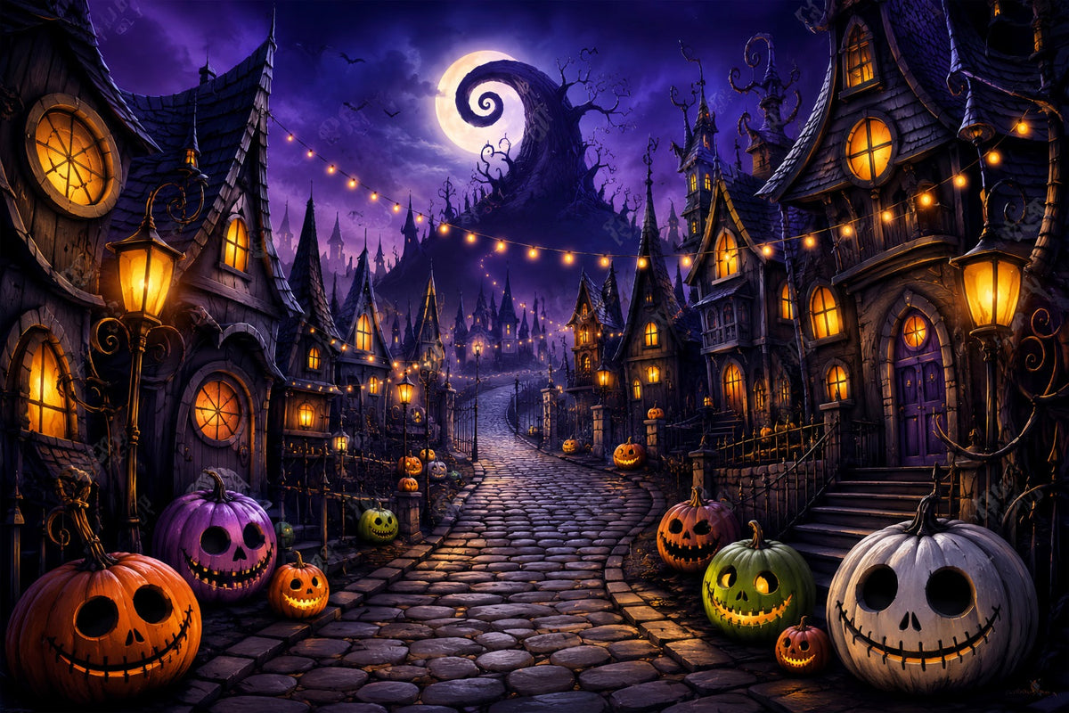 Toiles De Fond Photographiques Halloween Village De Citrouilles Violettes RueDécor De Ville D'Halloween LXX67-40