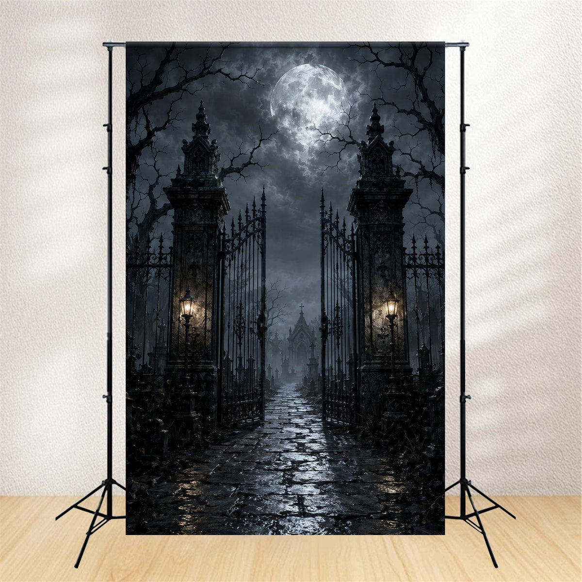 Décor De Fond En Tissu Pour Halloween Cimetière Au Clair De Lune Porte En Fer Forgé Décor LXX67-47