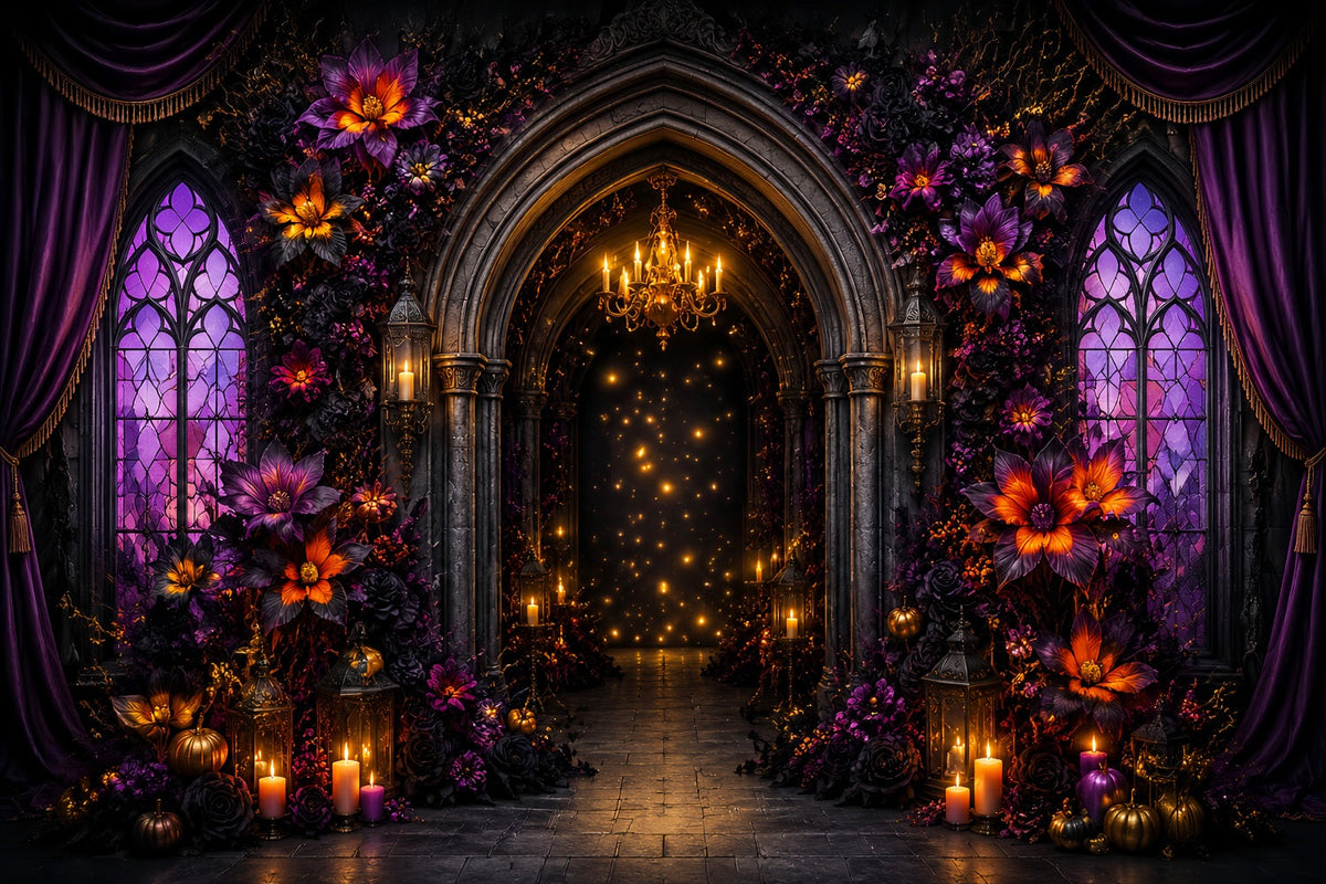 Décor De Scène D'Halloween Arche Gothique Florale Violette LXX67-51