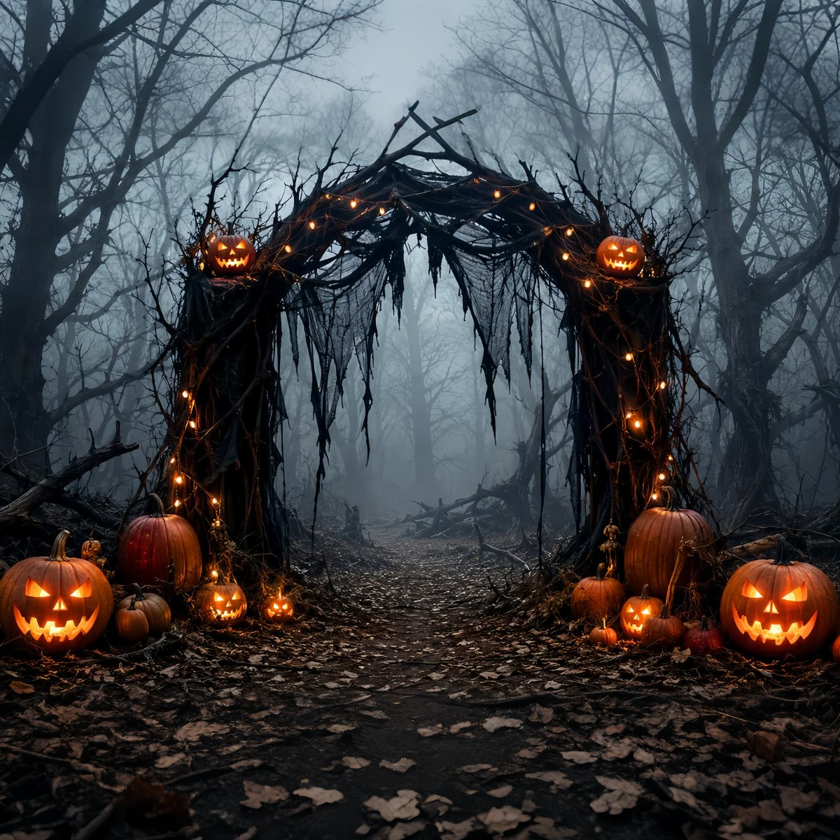 Décor Extérieur D'Halloween Arche De Citrouilles Dans Une Forêt Brumeuse LXX67-68