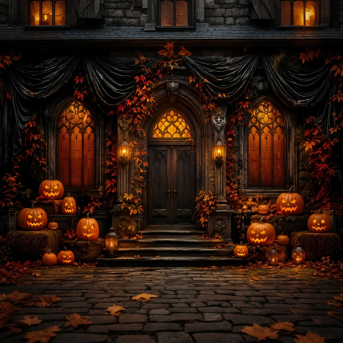 Décor Photo D'Halloween Mignon Citrouille Gothique Porte De Manoir LXX67-70