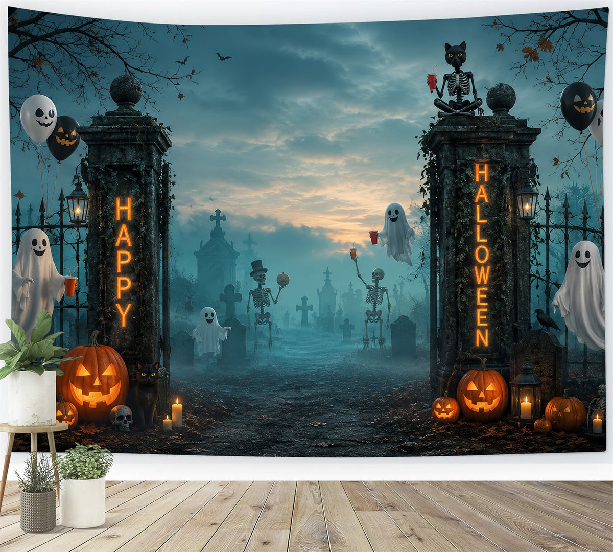 Décor De Cimetière D'Halloween Avec Fantôme Squelette Et Porte De Cimetière Pour Photomaton LXX67-79