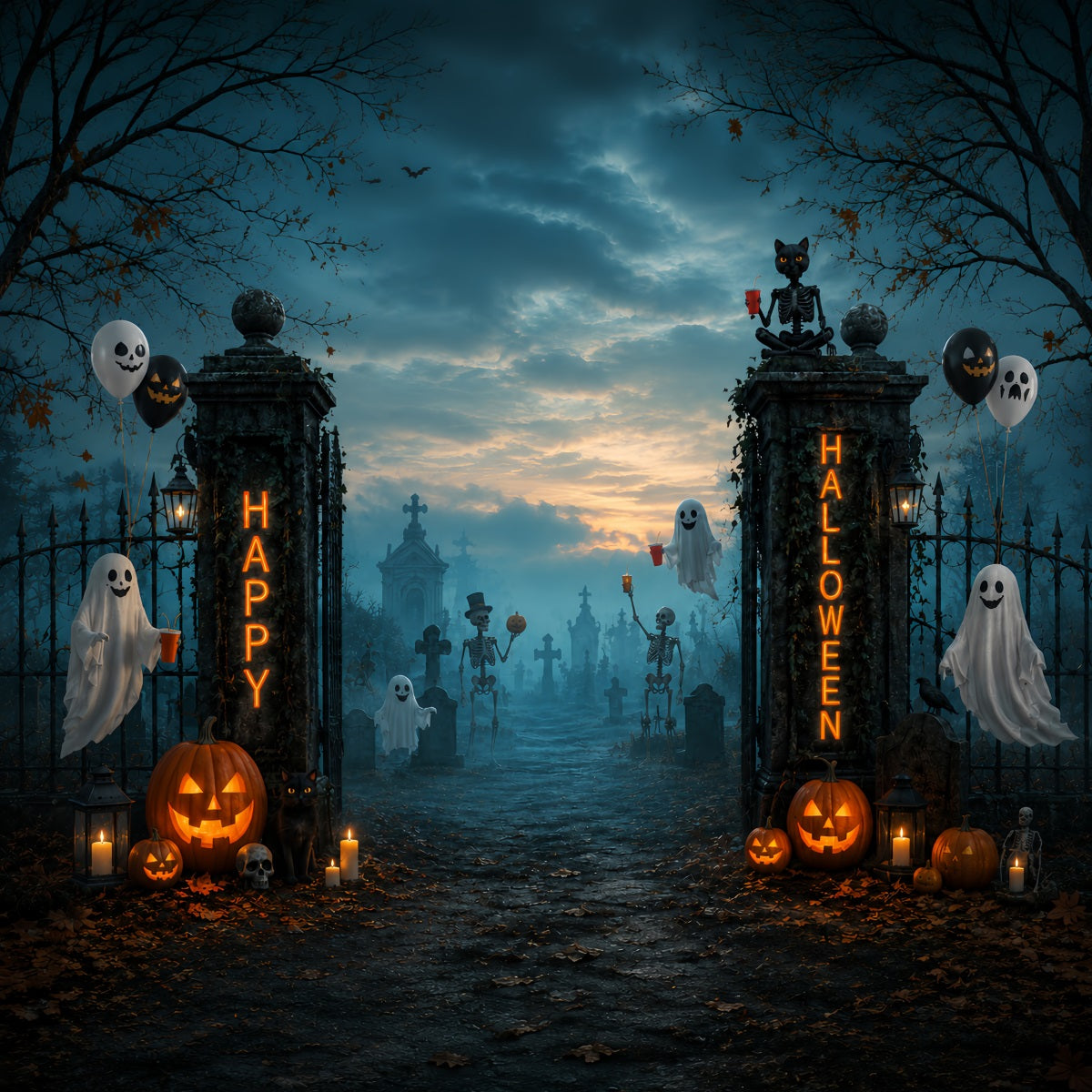 Décor De Cimetière D'Halloween Avec Fantôme Squelette Et Porte De Cimetière Pour Photomaton LXX67-79