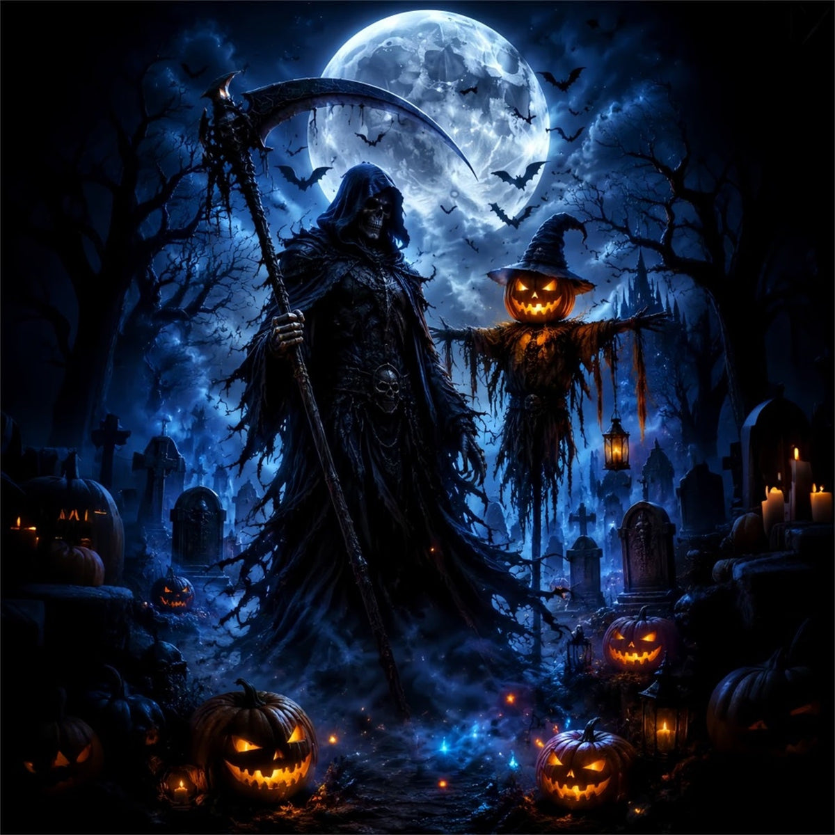 Décor De Cimetière Avec Lune D'HalloweenFaucheuse Et Épouvantail LXX67-8